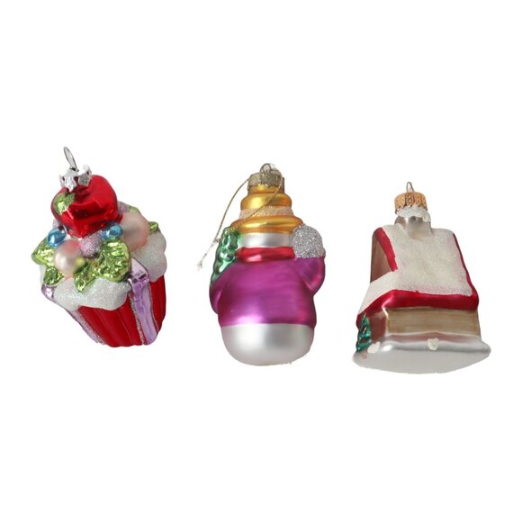 3 Christmas Ornaments Snowman Cupcake House Glass Tree Ornament - Picture 5 of 5